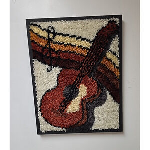 Vtg Handcrafted Acoustic Guitar Latch Hook Tapestry Wall Picture 25.5"x20.5"
